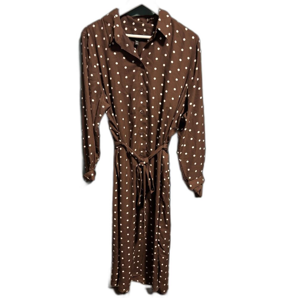 Banana Republic Dress Womens XL Brown Button Up Tie Waist Polka Dot NEW